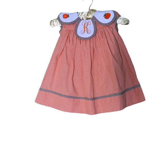The Bella Bean Girls Gingham Smocked Dress Embroidered Pumpkins K Initial 2T - Picture 2 of 5